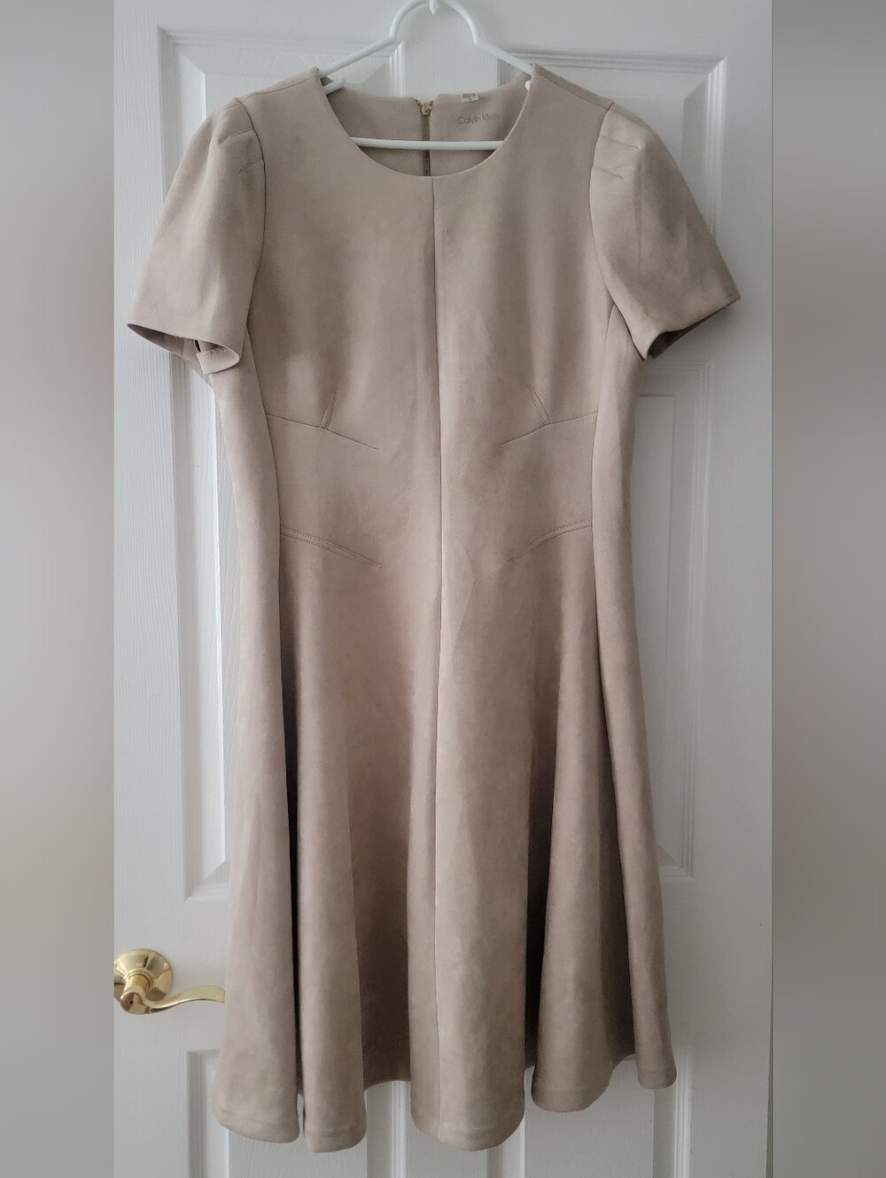 Calvin Klein Faux Suede Fit & Flare Dress Beige Tan Size 16 Short Sleeve
